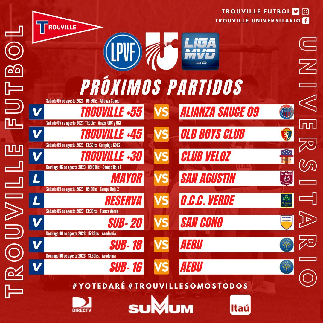 🔺️Fútbol ⚽️‼
Compartimos Actividad fijada para sábado 5 y domingo 6 de agosto en las categorías de <a href="/LUD_Oficial/">Liga Universitaria de Deportes</a>  <a href="/LPVFinfo/">LPVF</a> y <a href="/LIGA_MVD/">LIGA MVD</a>
.
#VamosLaRoja🔴⚽️
<a href="/ClubTrouvilleUY/">Club Trouville</a>
<a href="/CampoRojoUY/">Campo Rojo - Club Trouville</a>
<a href="/SummumUY/">SUMMUM</a>