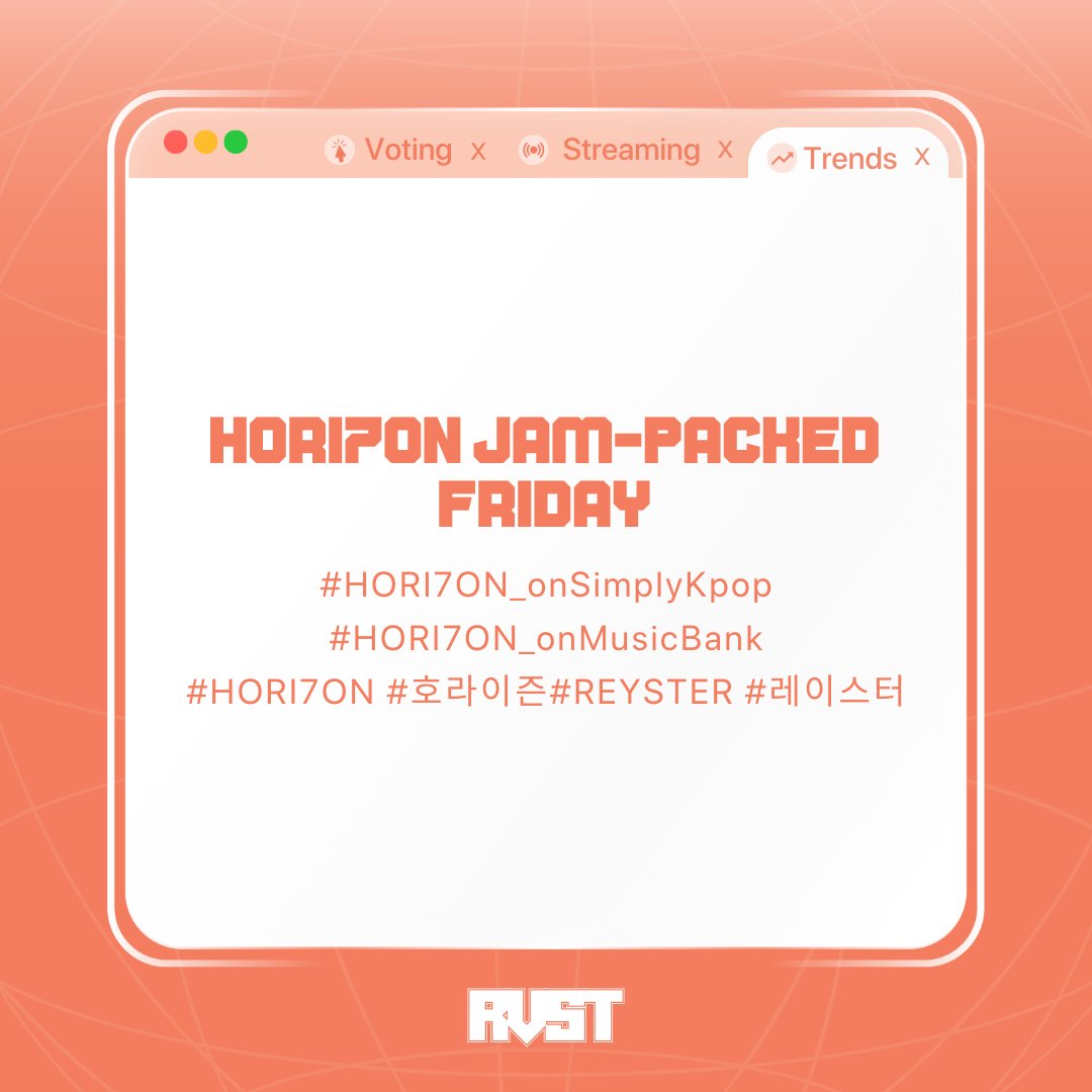 ReysterVST's tweet photo. [TAGS] 230804

HORI7ON at <Music-Bank>

📆 2023.08.04 | Friday
⏰ 11AM (PHT) onwards

HORI7ON JAM-PACKED FRIDAY
#HORI7ON_onSimplyKpop
#HORI7ON_onMusicBank
#HORI7ON #호라이즌 #REYSTER #레이스터 https://t.co/ciNtM1MjkX