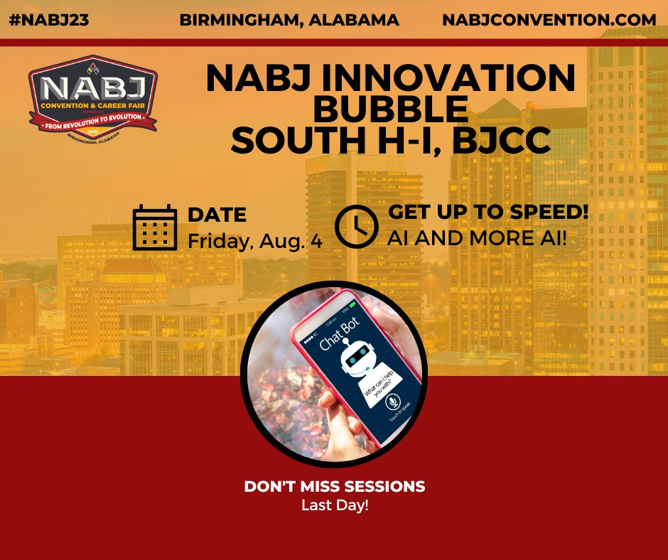 It's an all AI lineup in the final day of the <a href="/NABJ/">#NABJ Headquarters ✊🏾🖊️🎙️💻 📷 🎥 📝 🔈</a> Innovation Bubble today! Let's Talk AI, powered by Google and AI and Bias: What Journalists Need to Know About Addressing Ethical Concerns in Artificial Intelligence. Don't miss! #NABJ23