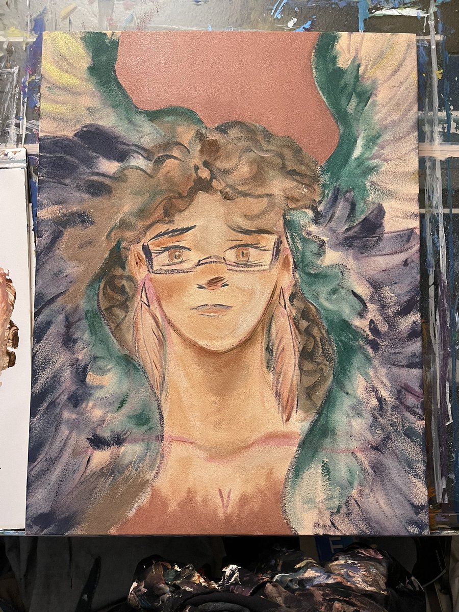 Chellynnart's tweet photo. Paint + water spray bottle = Quick brushstroke spread and washy blend! 

Working on a self portrait piece with a lot going on. It’s going to take some time to really develop. Can’t wait to see how it goes! Stay tuned for more WIP shots! 

#chellynnart #painting #selfportrait https://t.co/I96EHhM3M0