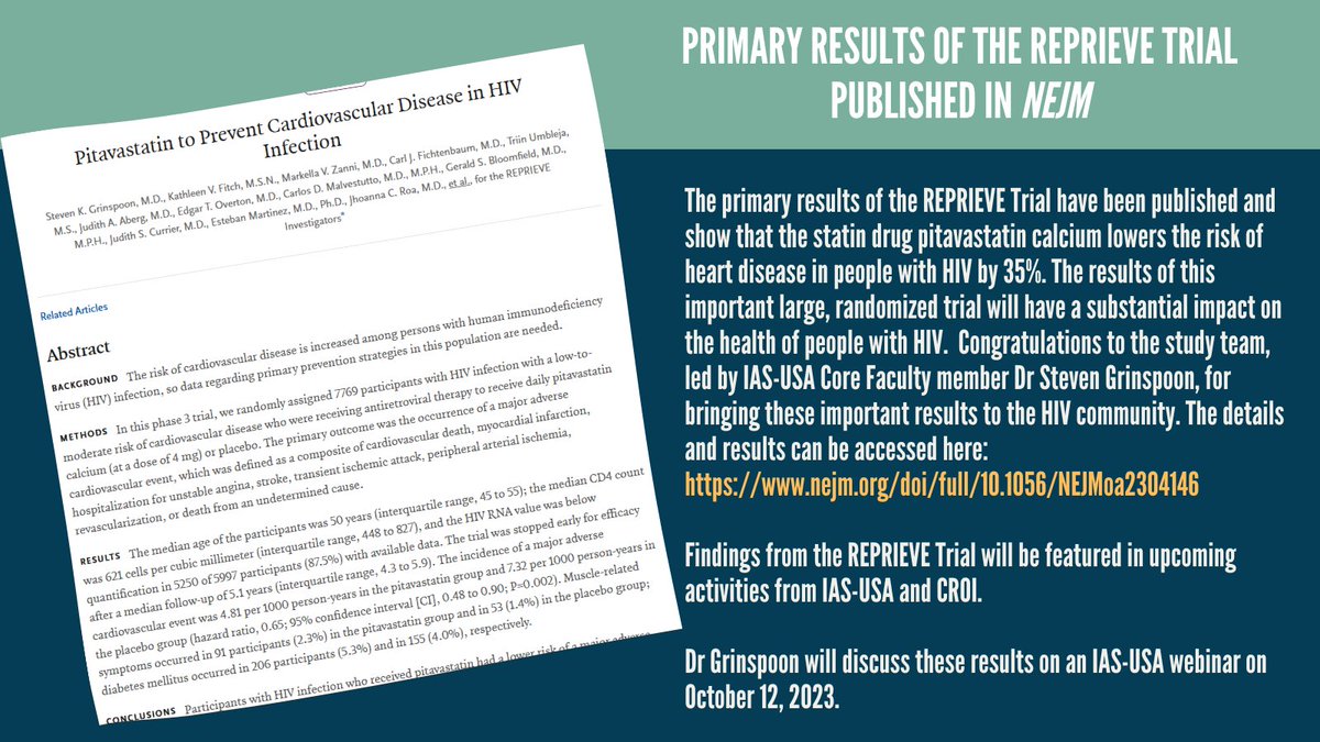 The primary results of the REPRIEVE Trial have been published and show that the statin drug pitavastatin calcium lowers the risk of heart disease in people with HIV by 35%. The details and results can be accessed here: nejm.org/doi/full/10.10…