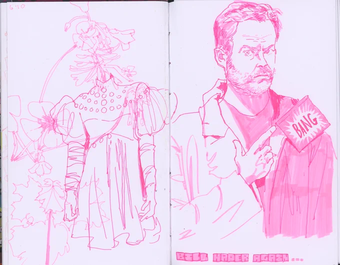 a sketchbook spread featuring bill hader...