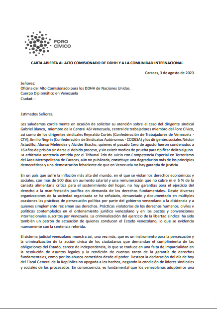 ForoCivicoVzla's tweet photo. CARTA ABIERTA AL ALTO COMISIONADO DE DDHH Y A LA COMUNIDAD INTERNACIONAL.

Descargar documento aquí:
https://t.co/kLsPzCA8iQ https://t.co/fD9ncxNPcI