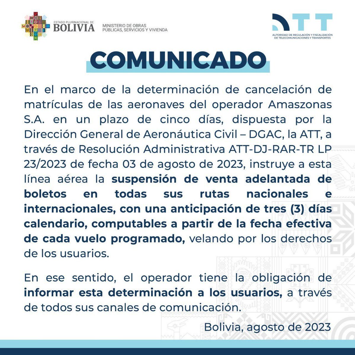 El ministerio de Obras Públicas y la ATT comunican
🔹cancelación de matrículas de las naves de Amaszonas
🔹 instruye la suspensión de venta de pasajes en rutas nacionales e internacionales.

<a href="/BoABolivia/">BoABolivia</a> trafica droga pero le retiran la matrícula a <a href="/AmaszonasSA/">Amaszonas S.A.</a>