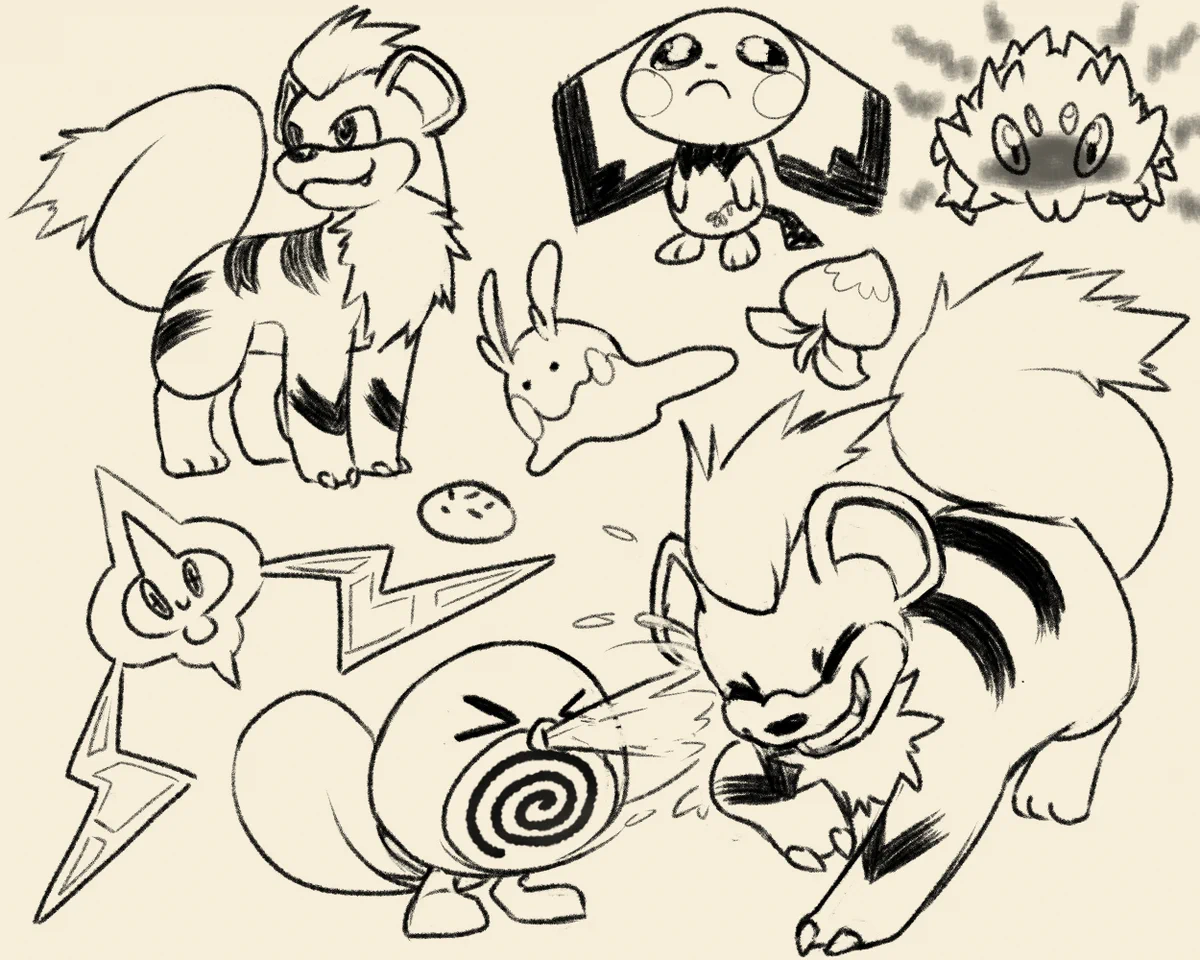 a small collection of doodles of pokemon. Depicts a growlithe standing proudly in the top left. Also shows a pichu with big, teary eyes holding a wilting flower, a livid joltik, a goomy, a poffin, a pecha berry, a rotom, and a poliwag using water-gun on the same growlithe in the top of the picture.