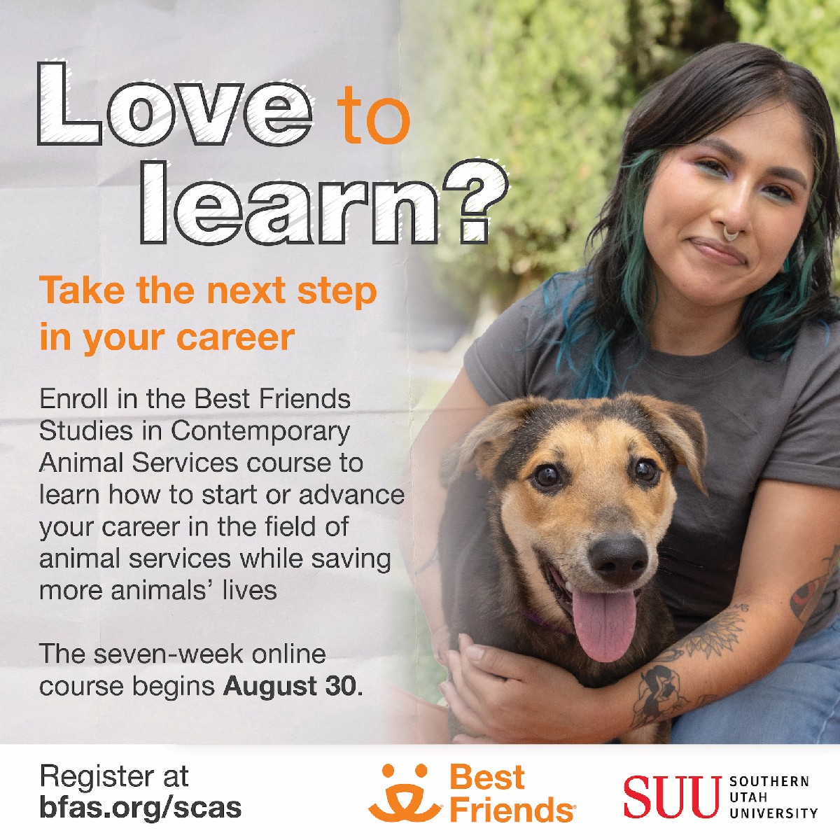 BFAS_Julie's tweet photo. Been thinking about joining the animal services field? @bestfriends and @SUUtbirds are offering a Studies in Contemporary Animal Services course starting Aug 30.

Covers career opps, lifesaving programs, data, &amp; more. Learn more and apply: https://t.co/NslP23osuX https://t.co/dax6YsN2Ph