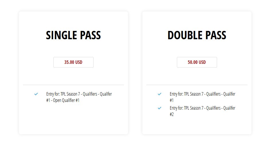 Payment is now through OPL! Pick your pass, fill out your payment info, click register then you will be signed up for TPL qualifiers!

New Qual Links ⬇️⬇️

Qual 1- opleague.pro/event/2868-TPL…
Qual 2- opleague.pro/event/2869-TPL…