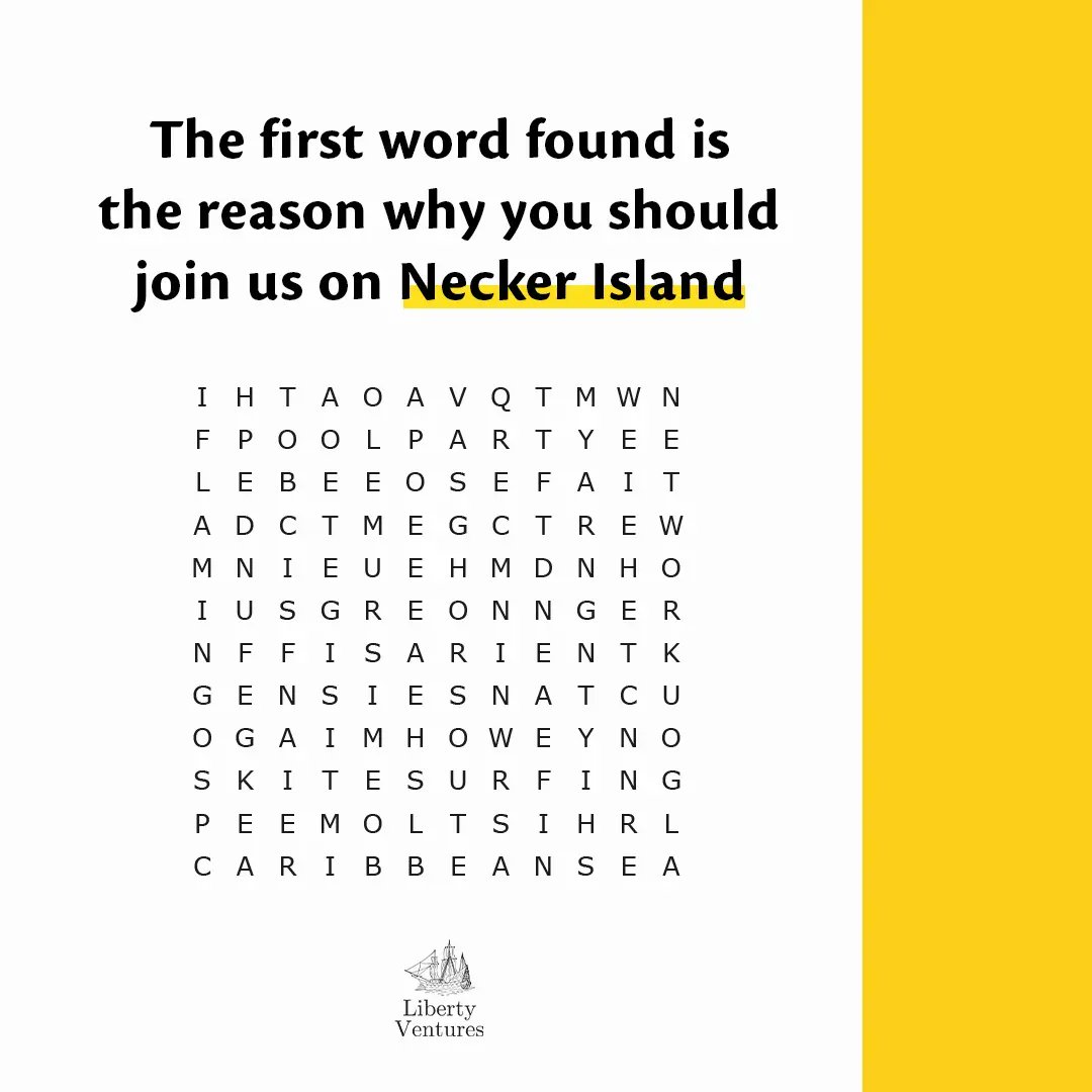 Share with us in the comments what was the first word you found! 

Register today by visiting libertyventures.vc/necker-summit

#neckerisland #libertyventures #principledbusiness