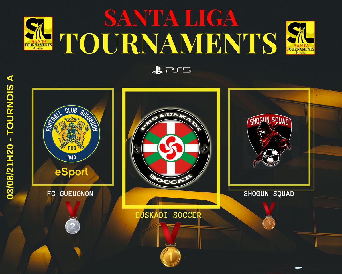 𝑺𝑨𝑵𝑻𝑨 𝑻𝑶𝑼𝑹𝑵𝑨𝑴𝑬𝑵𝑻 (@santatournament) on Twitter photo 🏆🥈🥉PODIUM 2️⃣4️⃣
🟡 TOURNOIS 🅰️
🏆 <a href="/EuskadiSoccer/">Euskadi Soccer</a>
🥈 <a href="/Gueugnon_eSport/">FC Gueugnon eSport</a>
🥉 @shogun_squad
Bravo à nos 32 participants ❗️
Retweet @Santa_Tournois 🔥
Thanks for @Gk__MTLK Officiel Ambassadeur 🏆🥈🥉PODIUM 2️⃣4️⃣
🟡 TOURNOIS 🅰️
🏆 <a href="/EuskadiSoccer/">Euskadi Soccer</a>
🥈 <a href="/Gueugnon_eSport/">FC Gueugnon eSport</a>
🥉 @shogun_squad
Bravo à nos 32 participants ❗️
Retweet @Santa_Tournois 🔥
Thanks for @Gk__MTLK Officiel Ambassadeur