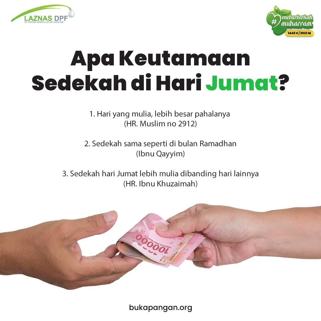 Sedekah Jumat adalah saat yang tepat untuk meningkatkan keberkahan dalam hidup kita. Mari berani berbagi sebagian dari rezeki yang Allah anugerahkan kepada kita kepada orang-orang yang membutuhkan.

Sedekah sekarang:
bukapangan.org/sedekah-jumat/
