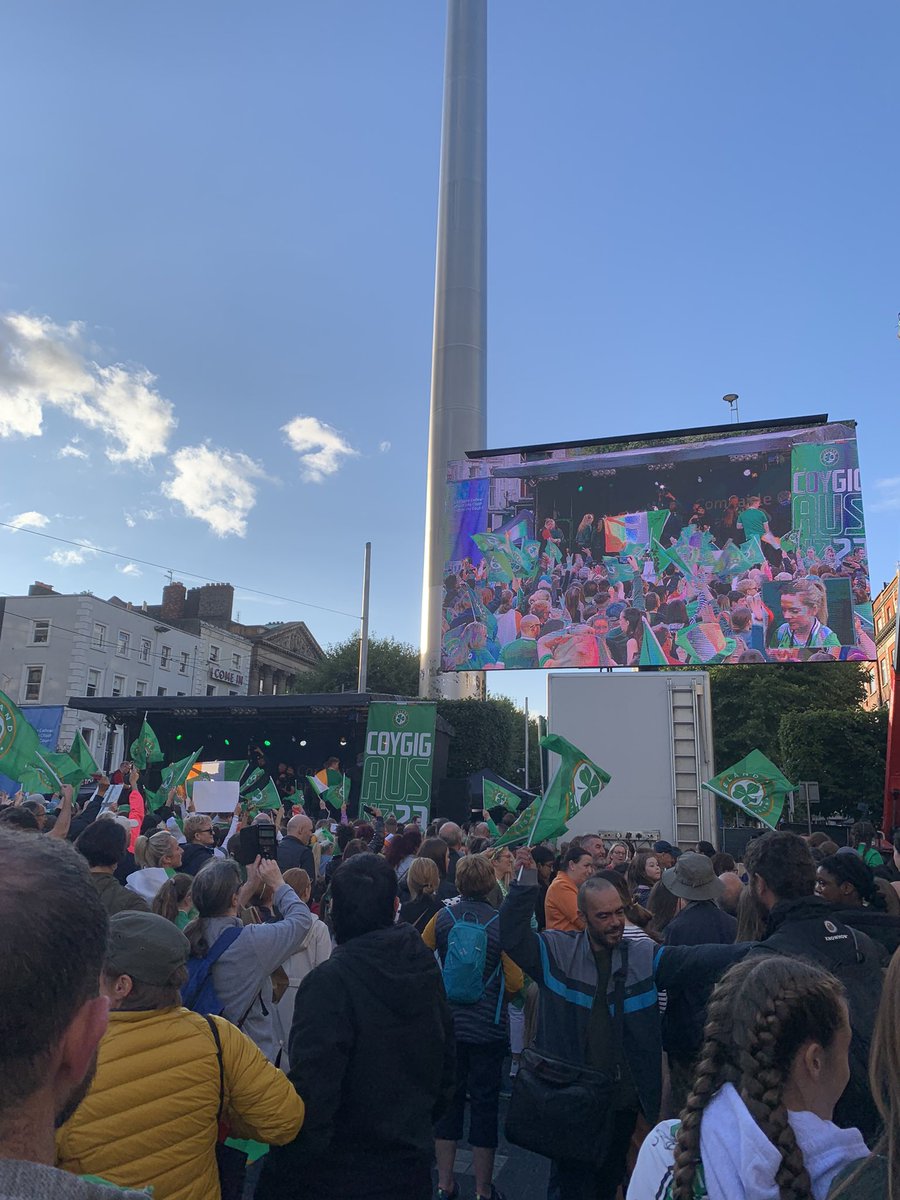 nialldillon80's tweet photo. A hero's welcome, 8,000 people on O’Connell Street for the Irish Women's National Football Team's homecoming, what a great reception and event, such a brilliant team and brilliant words from Katie McCabe ☘️☘️☘️🇮🇪🇮🇪🇮🇪 💚💚💚, #COYGIG, #IrishWNT https://t.co/ERL3o5yWj0