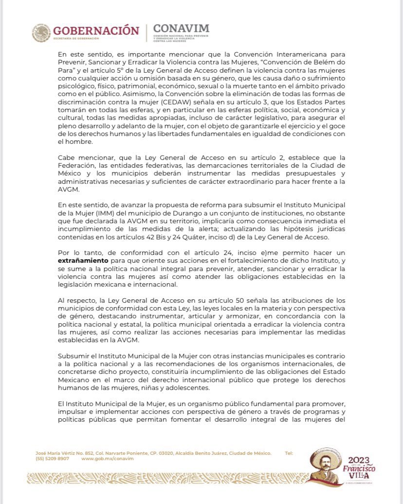 FNCVVICARIA's tweet photo. Agradecemos el pronunciamiento de la @CONAVIM_MX hacia el Pdte. Municipal de Durango @josejoseantonio  con una explicación clara del por qué una decisión de esta índole va completamente en contra de lo que se necesita para promover una Vida Libre de Violencia para las Mujeres https://t.co/uKjKosENri