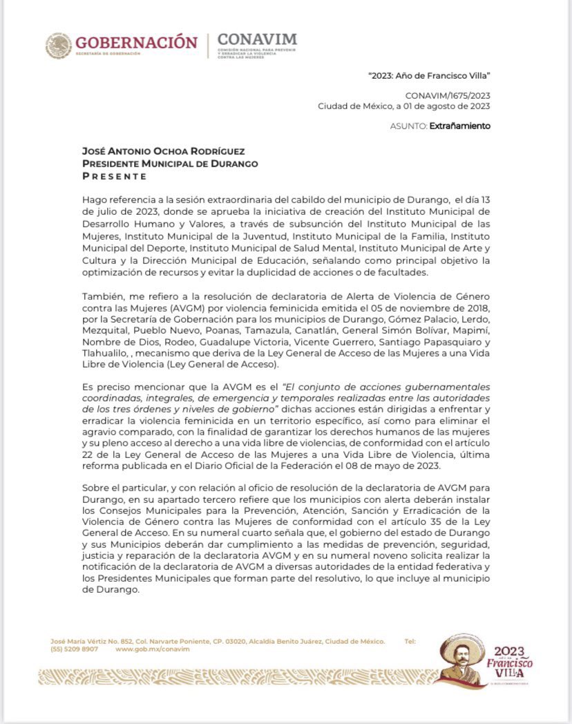 FNCVVICARIA's tweet photo. Agradecemos el pronunciamiento de la @CONAVIM_MX hacia el Pdte. Municipal de Durango @josejoseantonio  con una explicación clara del por qué una decisión de esta índole va completamente en contra de lo que se necesita para promover una Vida Libre de Violencia para las Mujeres https://t.co/uKjKosENri