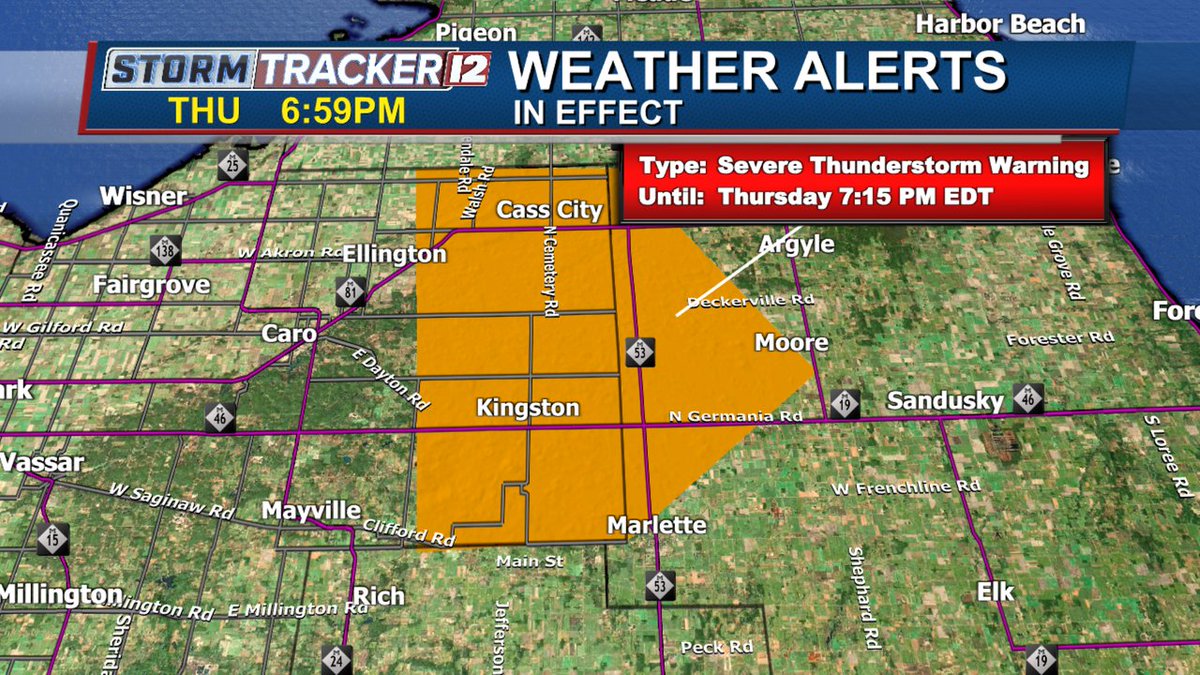 ABC12WX's tweet image. A Severe Thunderstorm Warning is in effect until Aug 03, 2023 7:15PM. Tune into ABC12 on air or download our ABC12 First Alert Weather App for more details.