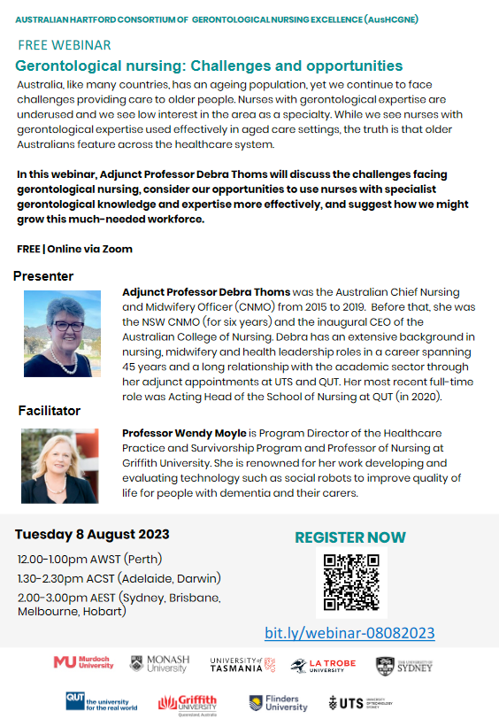 We hope you can join us for the next #AusHartford Webinar 8th of August when Adj Prof Debra Thoms discusses the challenges facing gerontological nursing @DrHelenRawson @YunHeeJeon1 @CMStirling1 @pu_lihui @COTAQld @GriffithNursing @MenziesHealth