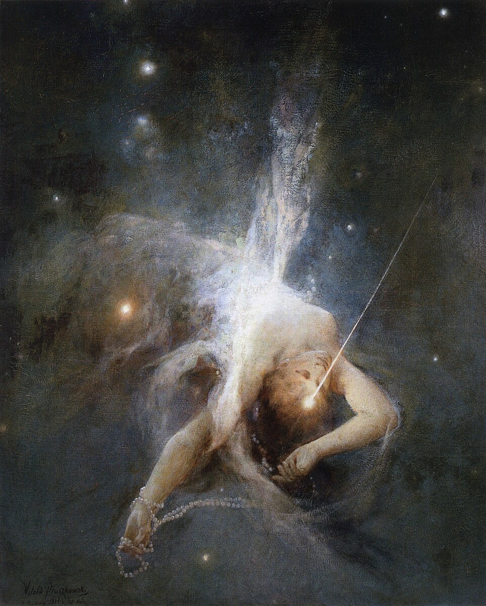 MustardTree7's tweet photo. In a dreamless space, we need to breathe in the dreaming. Gently blow on the ember, nurture the flame back to life. Where there is no dreaming, a desolate place. How do you feel? Desolate? Empty? Hollow? Good. 
Tis the kindling. 
Image: Falling Star 1884. by Witold Pruszkowski. https://t.co/lydUK9xVKe
