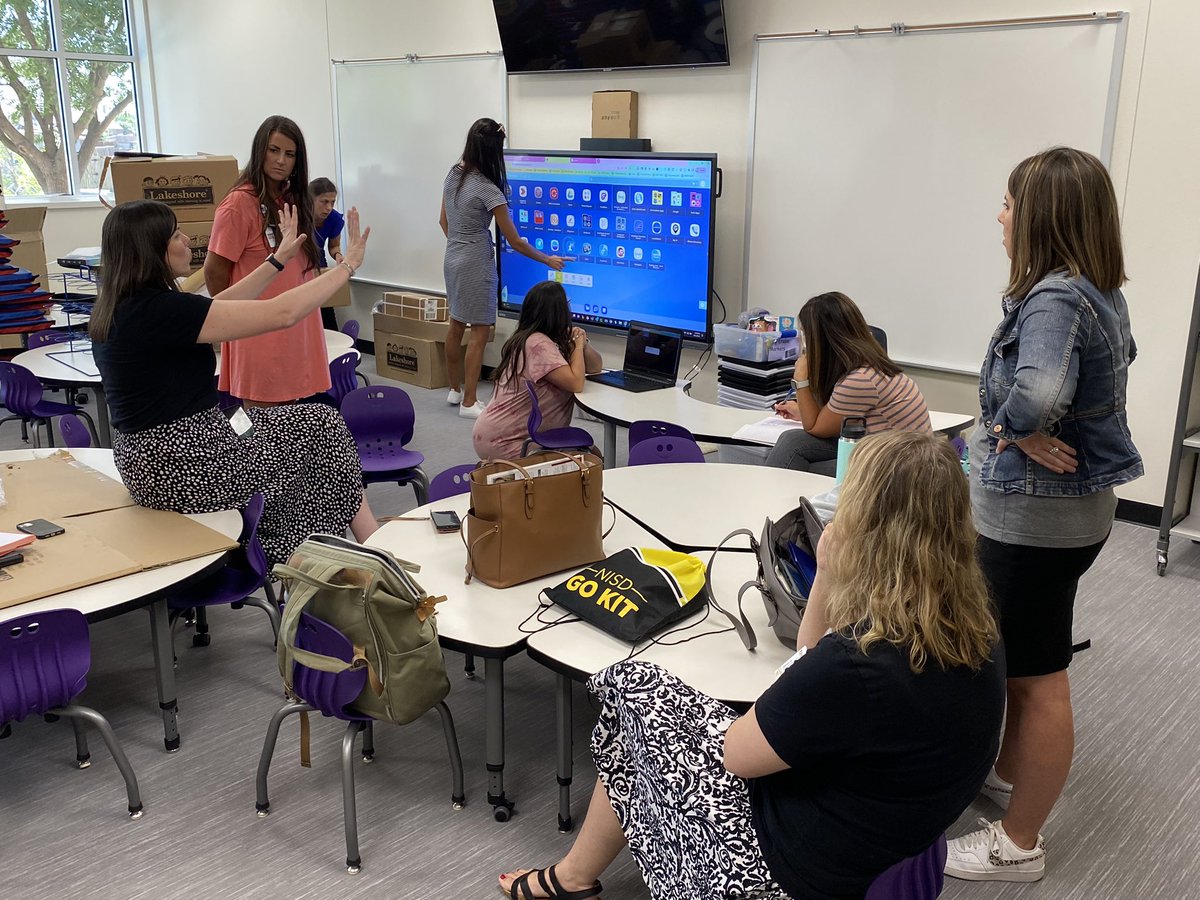 katybarrey's tweet photo. PreK teachers, we’re getting ready for you! C&amp;I + IT + Tech put our brains together to plan support for PK Ts to use their NISD curriculum w/ fav age-appropriate tech tools &amp; the @boxlightinc. What a bucket filler collab! Thank you @RachelLawsontx! #NISDIT https://t.co/Wu0NnpNhLh