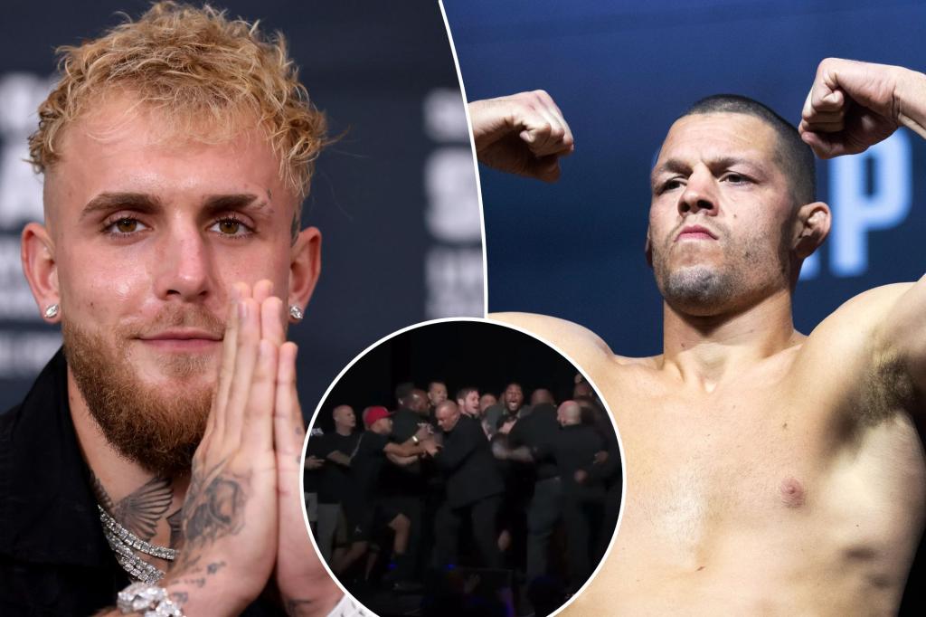 nypost's tweet photo. Jake Paul, Nate Diaz press conference turns into chaos with punches https://t.co/TH1QD9LJMk https://t.co/HoFQnCxQJN