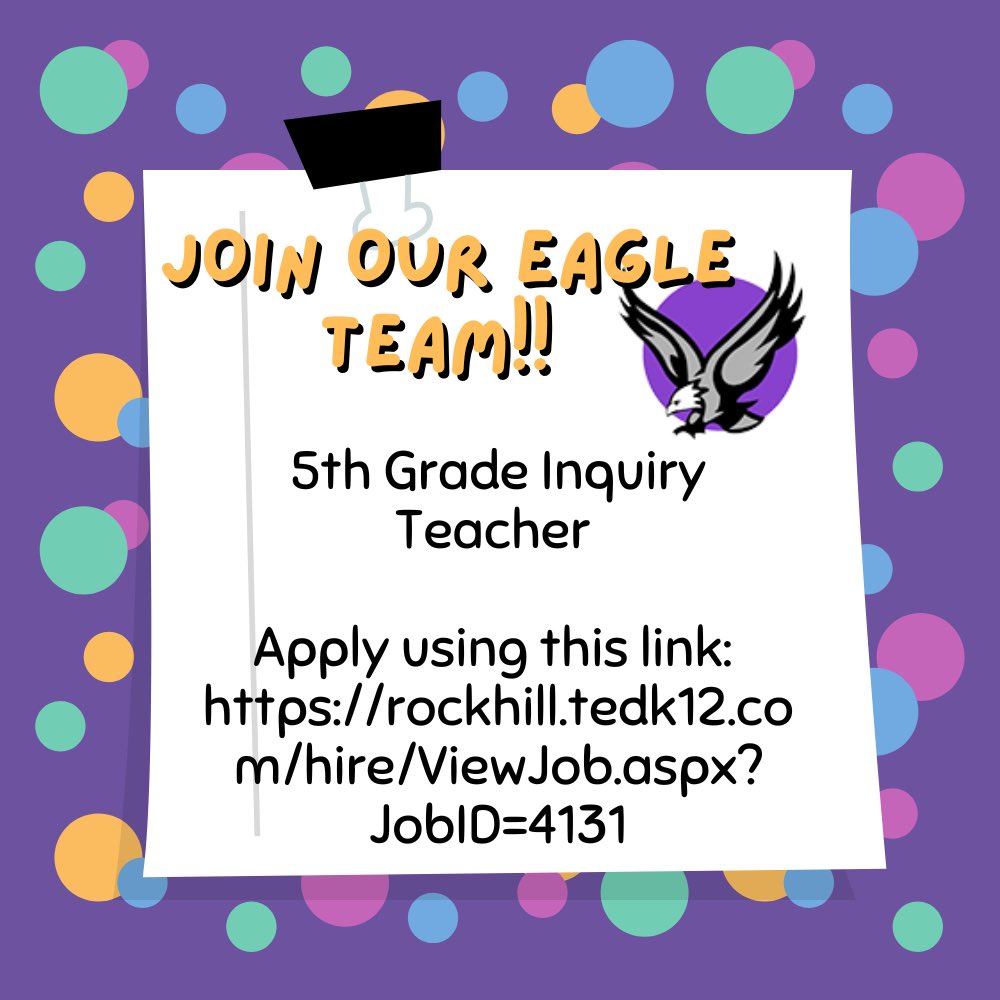 Our Eagle Team is almost ready! We are looking for a fifth grade teacher to join us. Join our team where we embrace innovation, celebrate collaboration, and a growth mindset. Come soar with us! <a href="/RockHillSchools/">Rock Hill Schools</a>  #EaglesEmerge