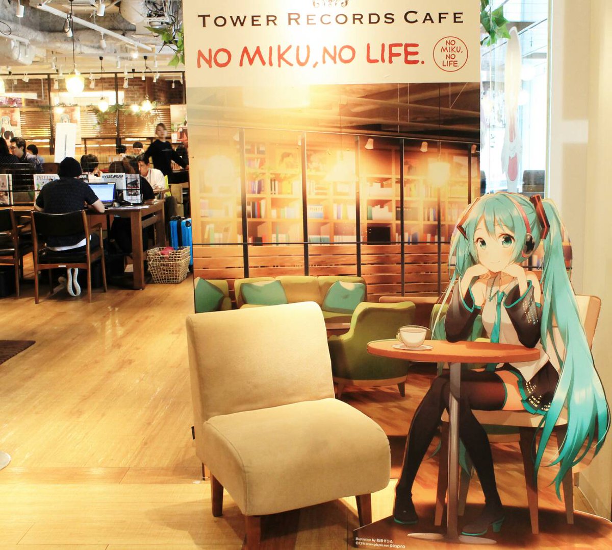 hatsune miku cafe thighhighs long hair sitting twintails table skirt  illustration images