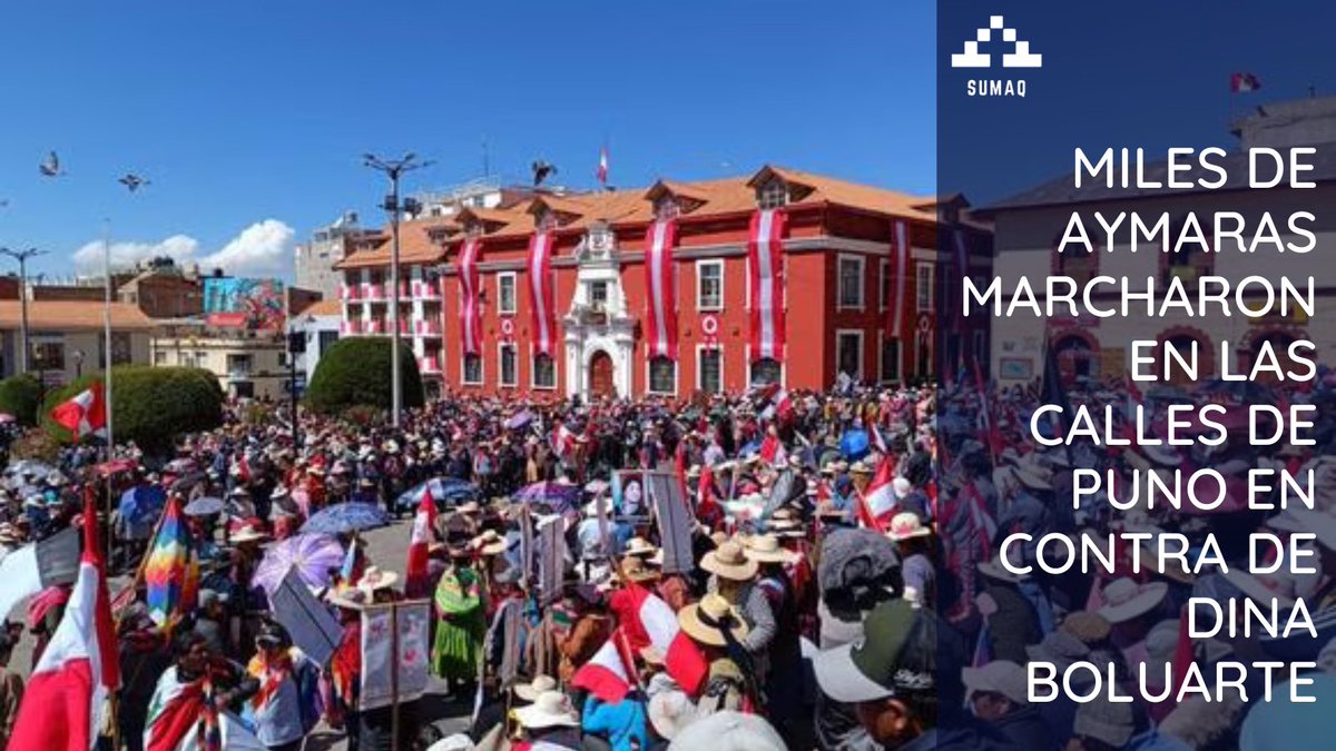 peru_sumaq's tweet photo. En el día central de aniversario patrio, cientos de comerciantes, maestros y pobladores aymaras de la zona Sur de la región tomaron las calles y la plaza Mayor de la ciudad de Puno. #Aymaras #DinaBoluarte #protestasperu https://t.co/hy7gfuMswX