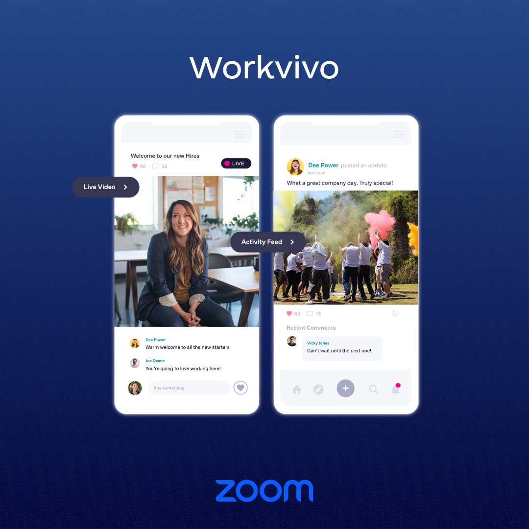 Zoom's tweet photo. 🎉Workvivo: Digital employee experience is crucial. With Workvivo, teams can leverage more ways to foster camaraderie and connect. Think of it as a space for teams to share updates, celebrate wins, and connect asynchronously, all on one easy-to-use collaboration platform. https://t.co/qI7Oy49dgZ