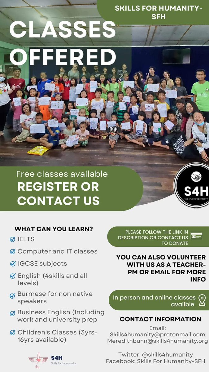 skills4humanity's tweet photo. We are currently offering classes to #students unable to school, University or currently living in poverty/Conflict. If you are a student which would like to learn with us or a teacher who would like to volunteer, please pm or find us on Facebook. 
#WhatsHappeningInMyanmar https://t.co/svCttail0w