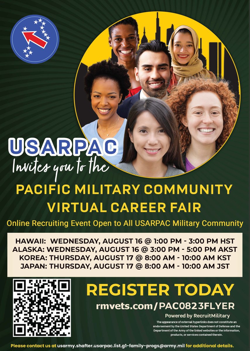 Everyone is invited to the @USARPAC virtual career fair this month. For Korea, it will be 8 a.m. to 10 a.m. Aug. 17. Check out the flyer for more info. Job seekers and employers can register at: my.recruitmilitary.com/events/usapac-…