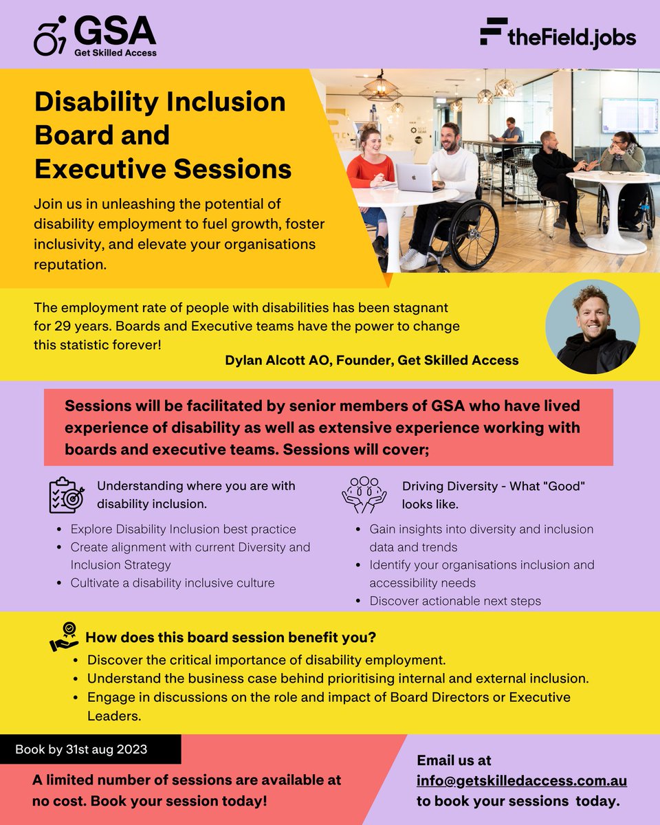 Here’s your organisations chance to receive one of our Disability Inclusion Board and Executive Sessions, exploring the power of disability employment to drive success and foster inclusivity. 

Book today - Limited sessions are available at No Cost! 

#DisabilityInclusion