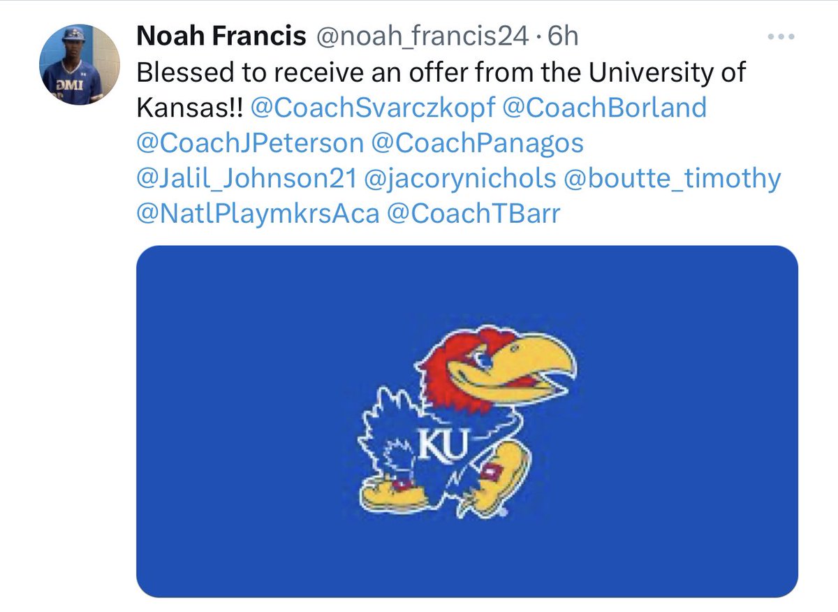Congratulations <a href="/noah_francis24/">Noah Francis</a> for your offer to <a href="/KU_Football/">Kansas Football</a> <a href="/NatlPlaymkrsAca/">NatlPlaymkersAcademy</a> <a href="/CoachTBarr/">#BESTAVAILABLE</a> <a href="/CedrickWilson13/">Cedrick Wilson</a> @Coach4343 <a href="/CoachDNoDaysOff/">CoachD🦍NoDaysOff</a> <a href="/NPAnortheast/">NPAnortheast</a> <a href="/supermax100_/">Super Max 100</a> <a href="/CoachSvarczkopf/">Greg Svarczkopf</a>