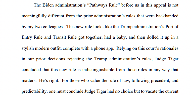 The dissent is ... wow.

"This new rule looks like the Trump administration’s Port of Entry Rule and Transit Rule got together, had a baby, and then dolled it up in a stylish modern outfit, complete with a phone app."