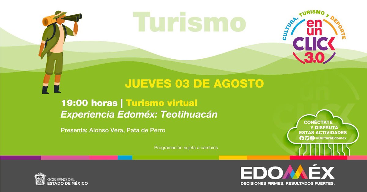 Edomex's tweet photo. Este jueves en #CulturaEnUnClick disfruta de #TurismoVirtual.
Conéctate a las redes de @CulturaEdomex, en punto de las 19:00 horas.
¡No te lo pierdas! https://t.co/OJe3LIvdg5