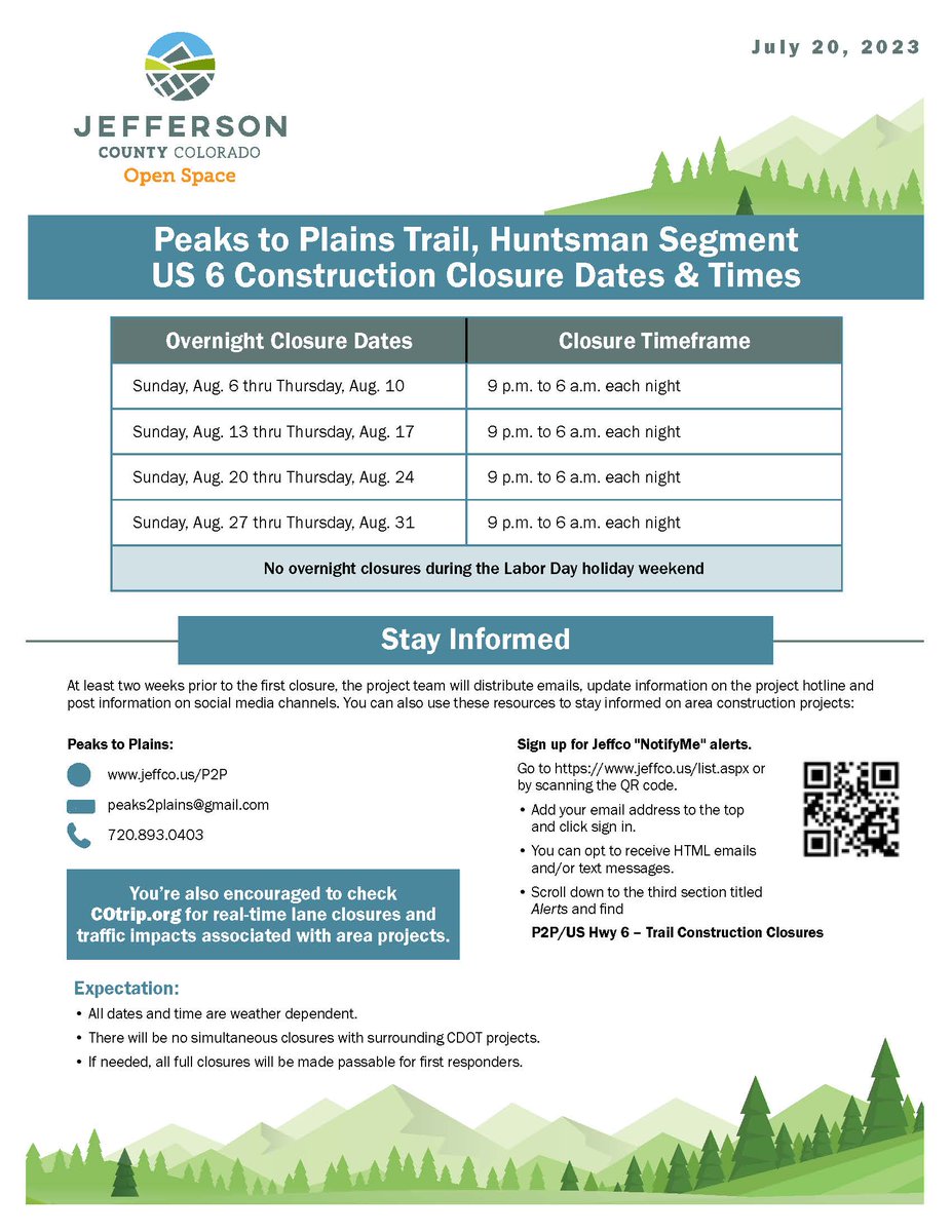 ⚠🚧NOTICE: US Hwy 6 night closures begin tomorrow, 8/6. Full night closures 9pm-6am Sundays-Fridays between Hwy 119 &amp; Hwy 93/58, including all of Clear Creek Canyon Park. Please plan accordingly. More info COtrip.org or jeffco.us/P2P