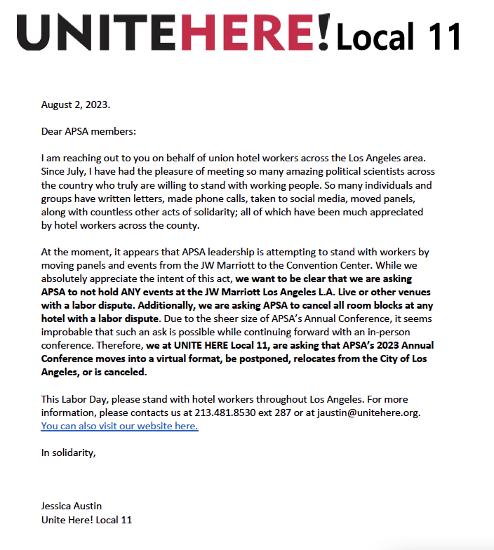 There is so much confusion about #APSA2023 right now. Let me try to lay out where things stand. This is mostly for APSA members still trying to decide what to do. I’ll start with yesterday’s letter from @UNITEHERE11 (1/n)