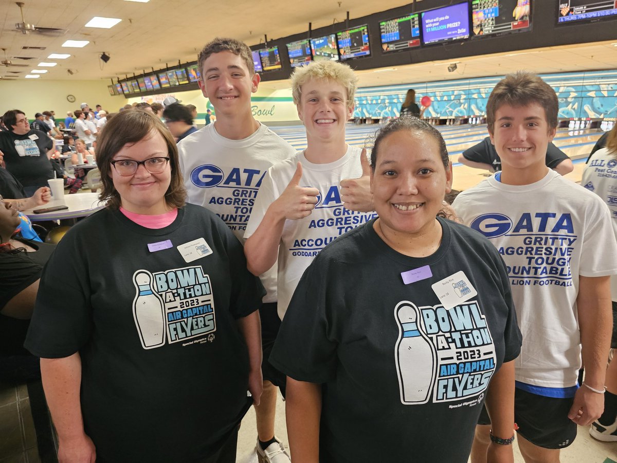 coach_beason's tweet photo. Here are a few pics of the 63 players and 7 coaches spending another Saturday afternoon volunteering with the Wichita Air Capital Flyers Special Olympics annual bowling fundraiser.  Awesome experience for both teams!  Go Lions and Go Flyers! https://t.co/2I0m7jkV6g