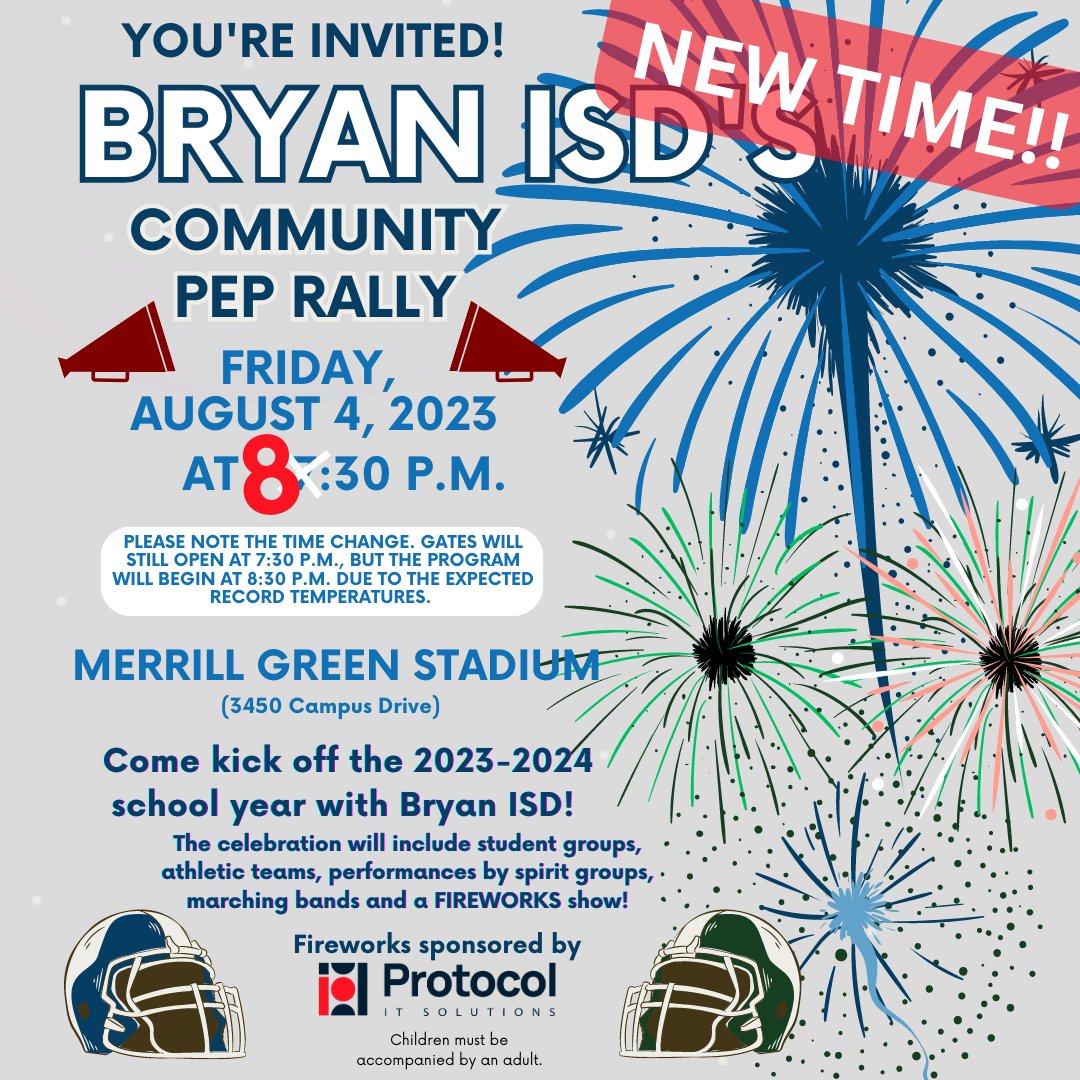 BryanISD's tweet photo. Just ONEโ๏ธ more day until the #BryanISD #CommunityPepRally! We are ready to kick off the year with everyone! The program begins at 8:30pm at Merrill Green! We'll have student groups, athletic teams, spirit groups, marching bands & fireworks, sponsored by Protocol IT Solutions. ๐ https://t.co/uplty8ZJVe