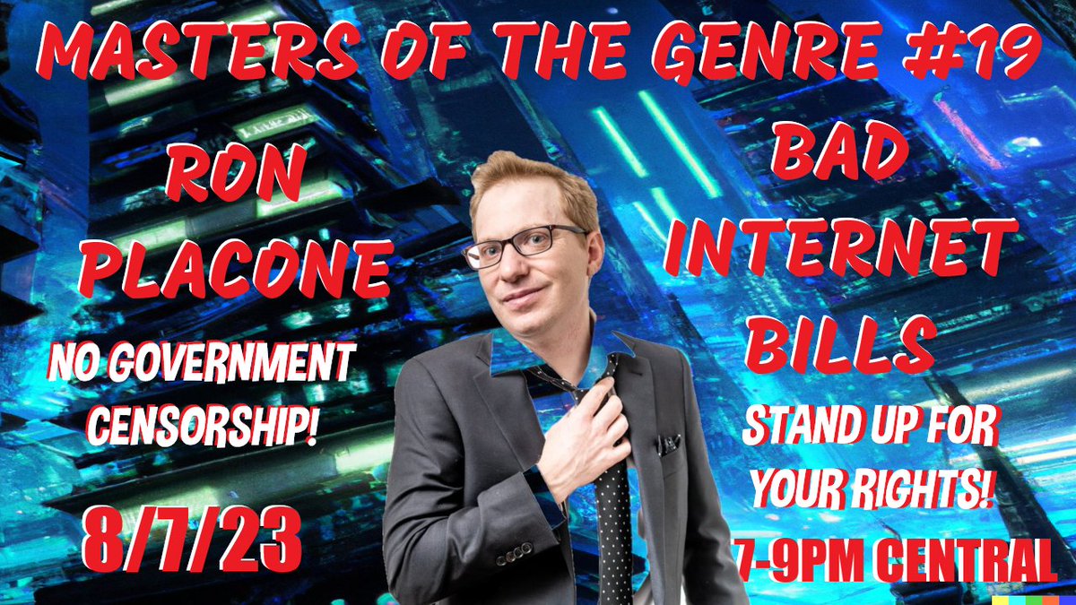 Masters of the Genre - Ron Placone - Bad Internet Bills youtube.com/live/norkUZNNr… via <a href="/YouTube/">YouTube</a> Comedian &amp; digital rights activist Ron Placone joins us Monday to share what congress is about to try to push through--government censorship of the Internet--don't miss this one! Retweet!