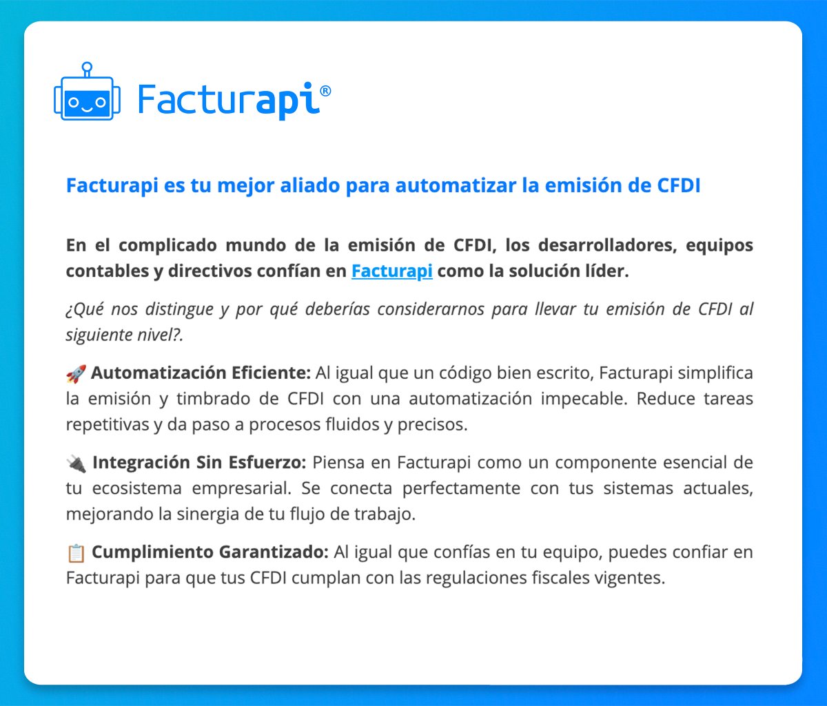 facturapi's tweet photo. Si aún no tienes una cuenta con nosotros, puedes crear una totalmente gratis y comprobar que somos le mejor opción para automatizar tu facturación en México.

https://t.co/vCfwFrZcYu https://t.co/DJ4lfdYUBb