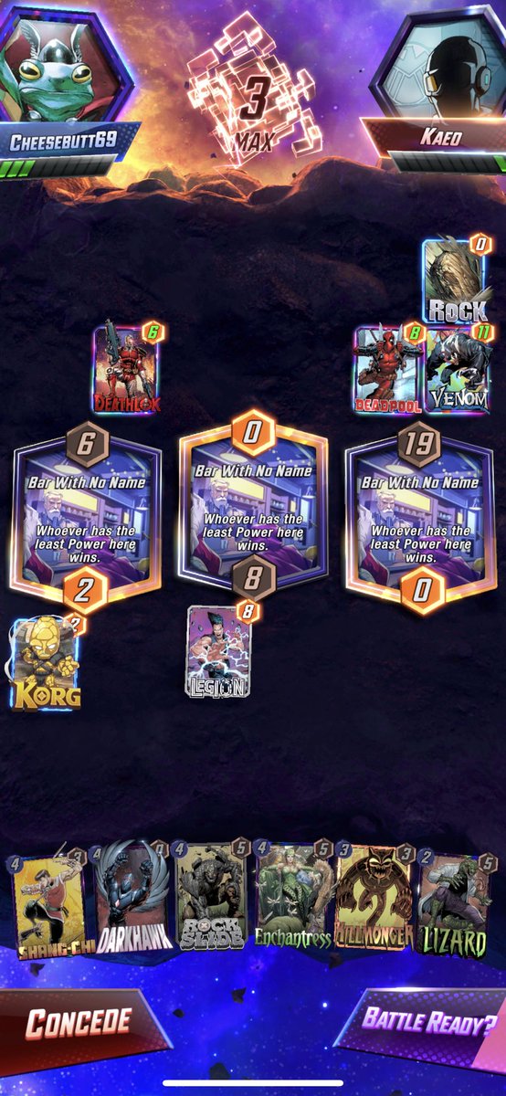 cheesebutt69's tweet photo. 3rd complete conquest run! 2nd with @DeraJN deck. Farms Thanos control. Almost got taken out by Shuri/Nimrod Destroy. Was able to sneak by thanks to Legion—most fun card in the game. #1 5 cost card ez. Glazer knows
@snapjudgecast
#marvelsnapzone
#marvelsnap https://t.co/KTnZihnzKq
