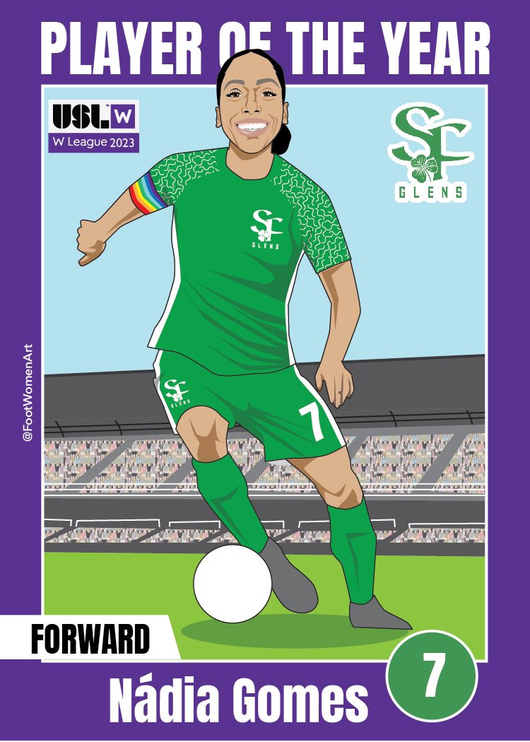 footwomenart's tweet photo. 🗣️ @USLWLeague :
𝙂𝙤𝙖𝙡-𝙨𝙘𝙤𝙧𝙚𝙧 🥅
𝙋𝙡𝙖𝙮𝙢𝙖𝙠𝙚𝙧 🤝
𝙇𝙚𝙖𝙙𝙚𝙧 🫡
@Nadia_Gomes06 has been named the 2023 Player of the Year after scoring 16 goals and recording eight assists for @SFGlensSC!
#ForTheW https://t.co/WyD2HjhuSS