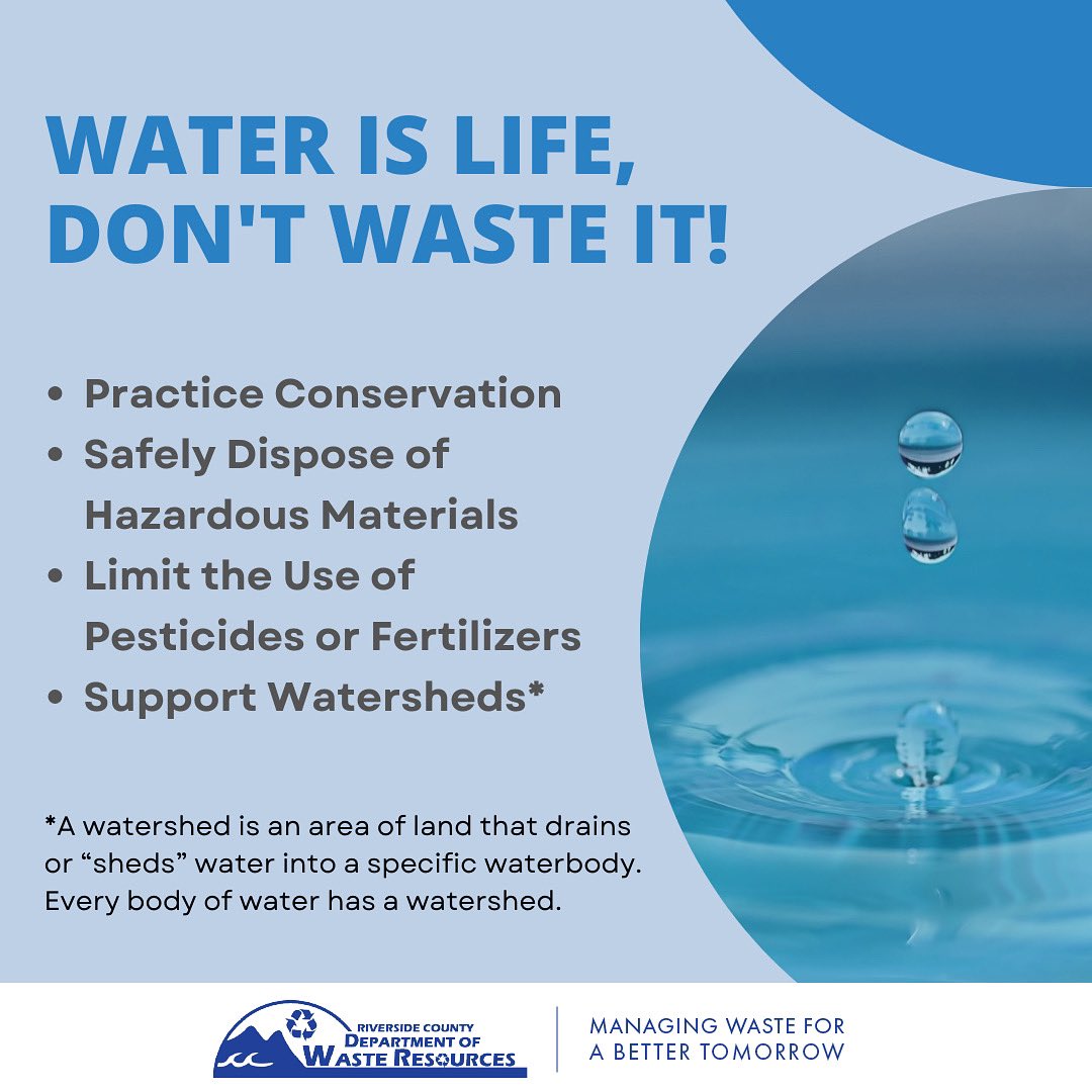 RCWaste's tweet photo. Happy #NationalWaterQualityMonth! We can all take part in protecting our local water quality. Ready to take the leap? Follow @IE_Waterkeeper, for volunteering opportunities in the Upper Santa Ana River Watershed! 💙

#CleanUp #Environment #RivCo #RCWaste https://t.co/3Nb99LYlAV