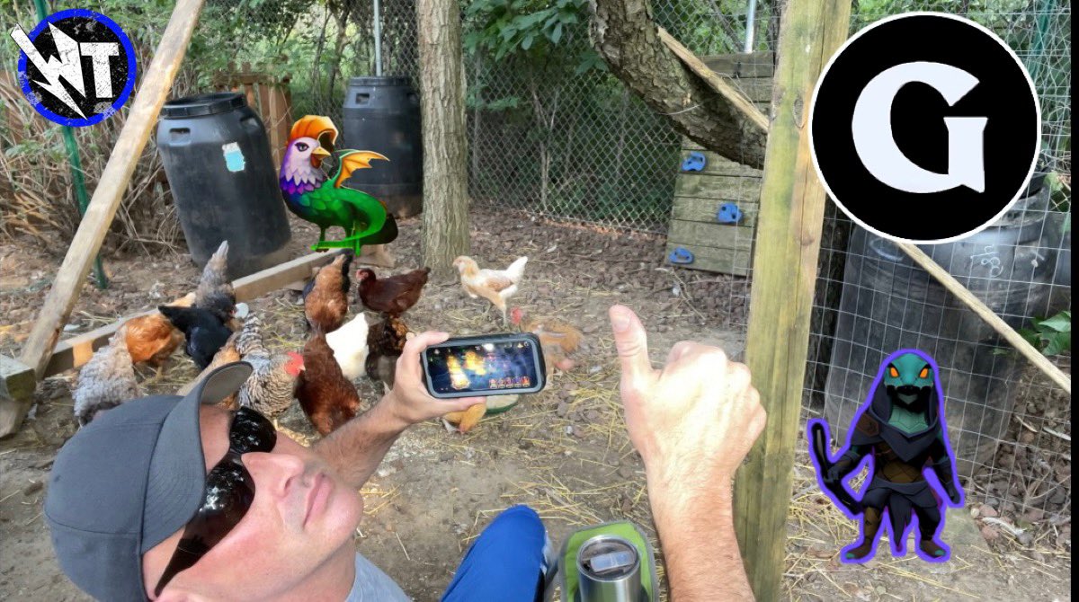 WT7791's tweet photo. A small break playing the new @GuildOfGuardian demo after taking care of the girls.   My Corner of Beauty has my @cryptoclucks chilling with me.  #Trixie and #Farrah showed up for the pic. 

This demo is growing on me. 🙏🔥
May do a video??🤔

 #GOGBC https://t.co/jSDX0EQLdc