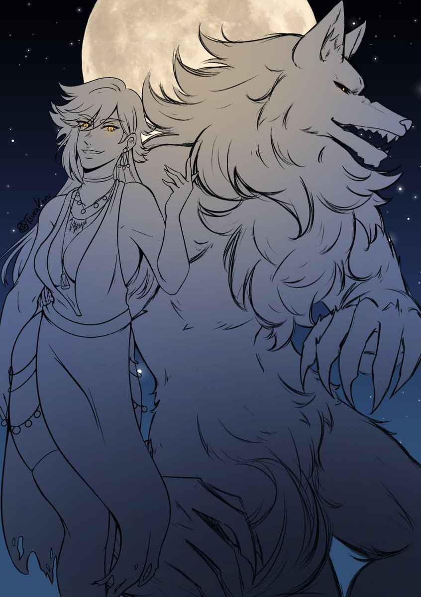 18. A lovely werewolf I wanted to draw as an attack for HexYourself (artfight.net/~HexYourself), but became an actual [revenge] by a funny coincidence! 

I had to do both forms 'cause I really liked them 🌷