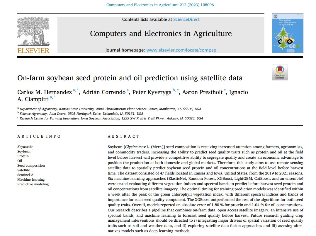 carlitos_m_h's tweet photo. 🚨 Are you interested in knowing how through remote sensing and machine learning we develop soybean quality prediction models at the field level? We invite you to take a look at our latest publication!! 🌱📊🛰️💻 #PredictiveAg #RemoteSensing #AI

https://t.co/3AXsTIS6Gf https://t.co/eQ0JzZgJkg