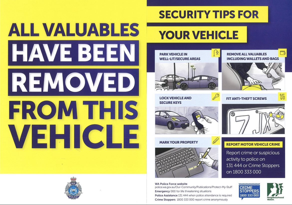 CockburnPol's tweet photo. There has been an increase in stealing from motor vehicles in the Beeliar, Coogee, Yangebup and Spearwood areas. Cockburn Police are increasing patrols however, we ask that community members remove all valuables from your vehicles and report any suspicious behaviour to police #fb https://t.co/JKAkz03lnS