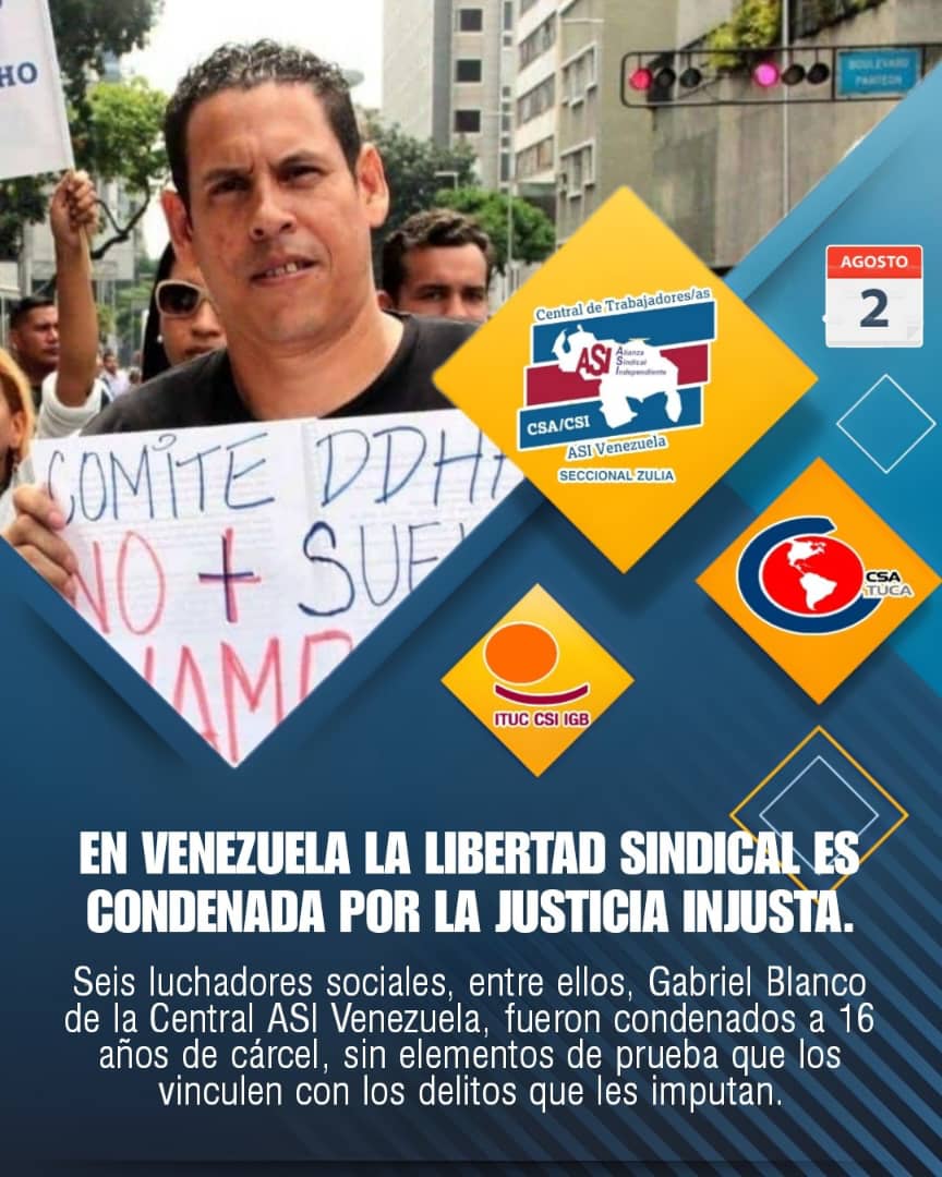 sinfucan's tweet photo. Nuestra organización sindical fija posición firme en cuanto a lo que consideramos una sentencia que viola la libertad sindical. 

Nuestro compañero y directivo sindical de la @CentralASI en su Seccional Caracas, fue injustamente sentenciado.

#LiberenAGabrielBlanco https://t.co/AYzbqpaJF7