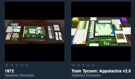 Train Tycoon and 1872 are now available in the Tabletop Simulator workshop to play!