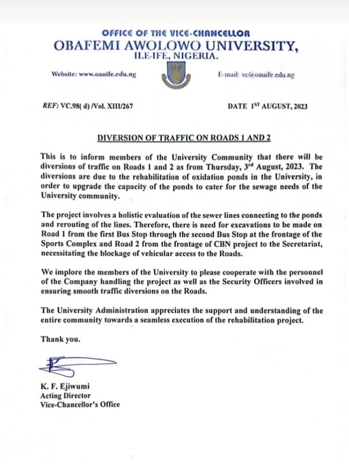 OAUtweets's tweet photo. PUBLIC NOTICE ON TRAFFIC DIVERSION ON ROADS 1 &amp; 2
#OAUTwitter #GreatIfe https://t.co/VNdbqw4jcQ