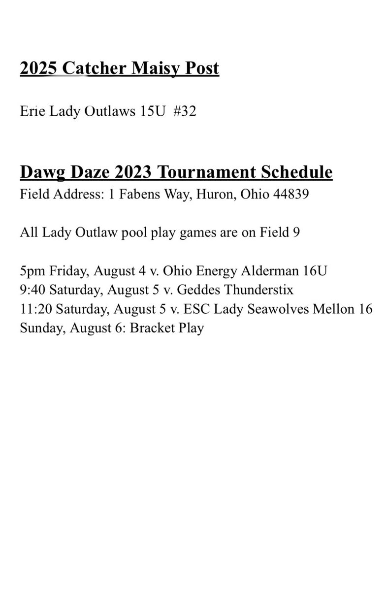 tournament schedule this weekend in huron, ohio! would love to see some of you there! @NDcoachGumpf <a href="/2Ganeff/">Kris Ganeff</a> <a href="/Hall_J_4/">Jenna Hall</a> @Coach3House <a href="/Jamie_Trachsel/">Jamie Trachsel</a> <a href="/marissa_pullo/">Marissa Pullo</a>