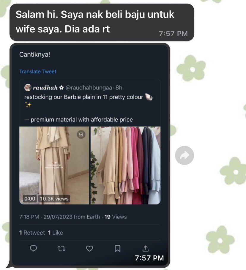raudhahbungaa's tweet photo. “saya nak beli baju untuk wife saya dia ada rt”

see korang bagi je hint sebab ada yang nampak tauu mana tahu nanti dapat surprise mcm ni 🤭😆
#bungaKnock2dm https://t.co/TMYvhLpp0y